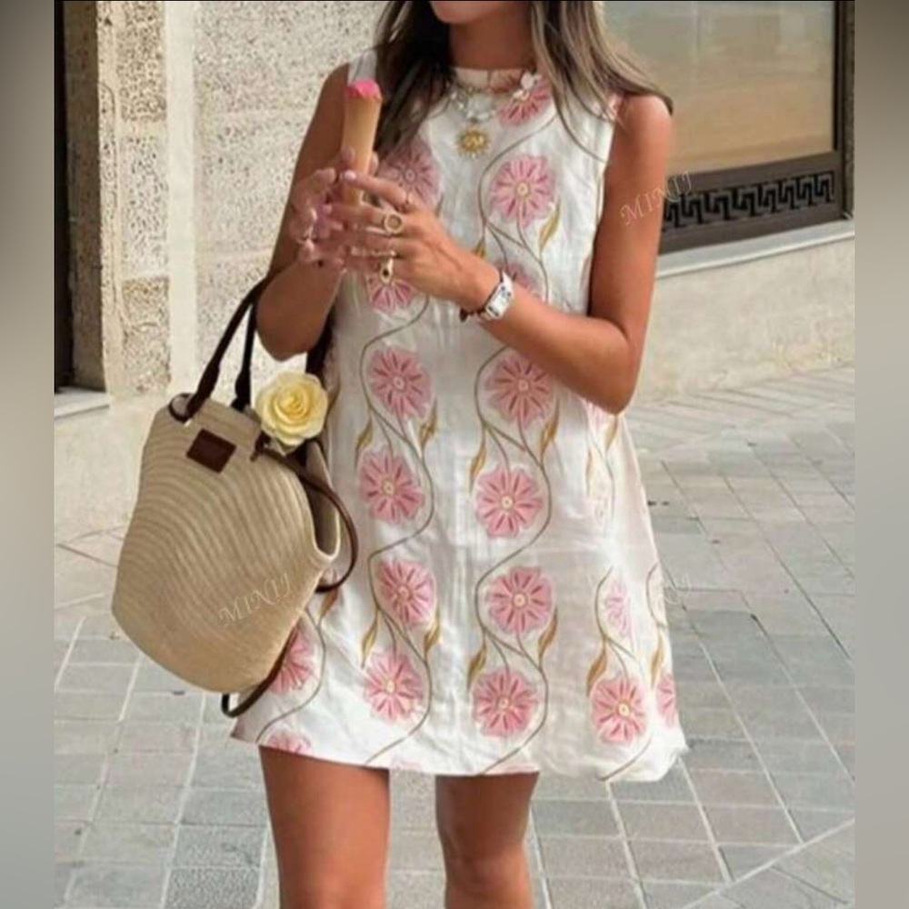 Floral Sleeveless White and Pink Dress